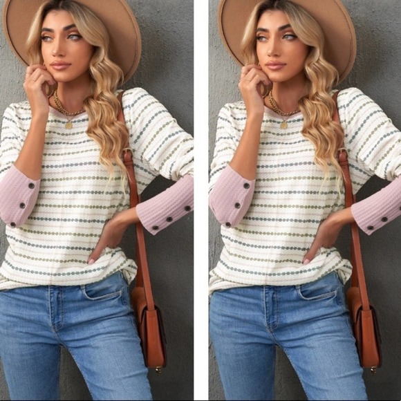 Firefly Lane Boutique1 Tops - Printed Waffle-Knit Buttoned Cuff Top